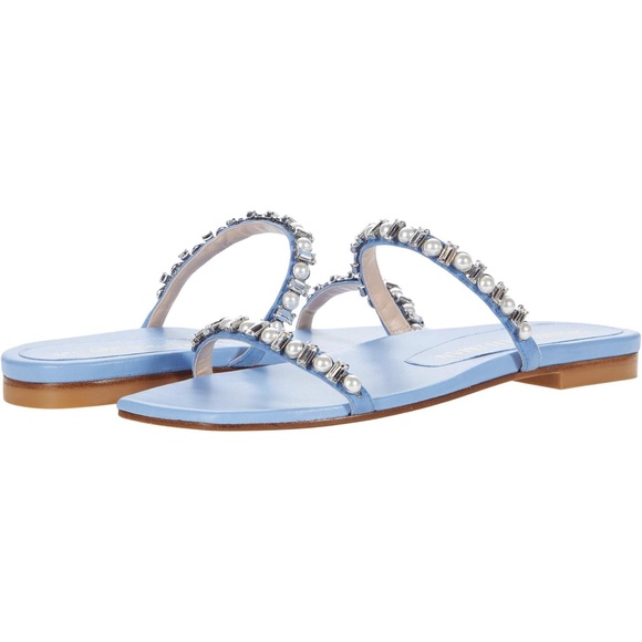 Stuart Weitzman Women's Aleena Shine Blue Leather Crystal Slide Flat Sandals 6.5 - Picture 2 of 11